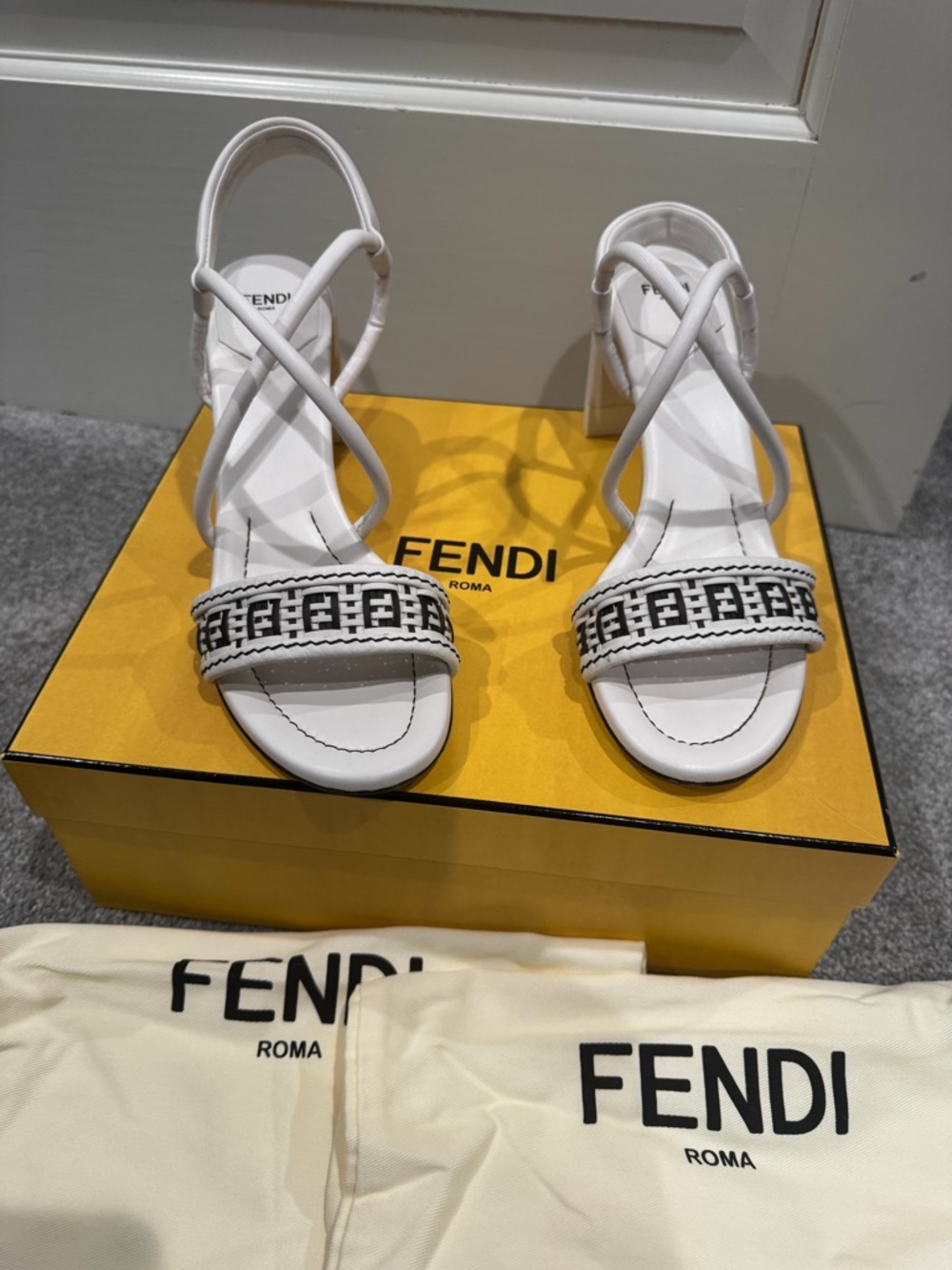 Fendi White Crisscross FF-Logo Strap Heeled Sandals